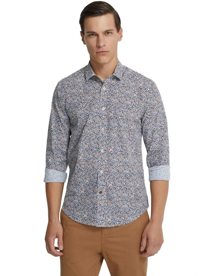 Kenton Printed Cotton Shirt in Blue/Orange