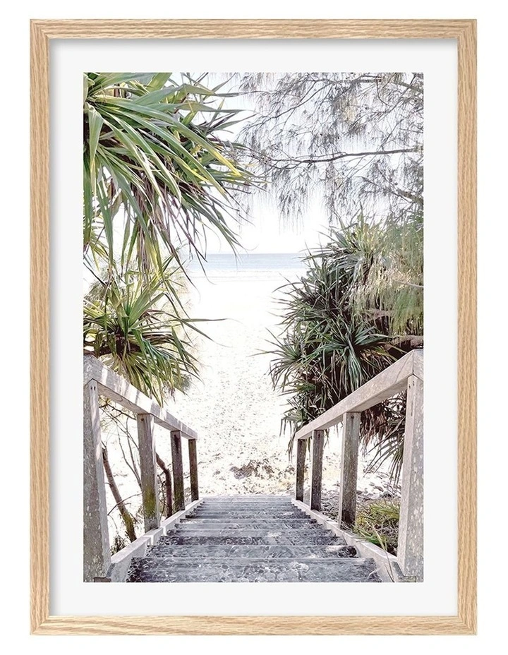 Australian Made Wategos Beach Stairs Art Print A2 in Natural Frame