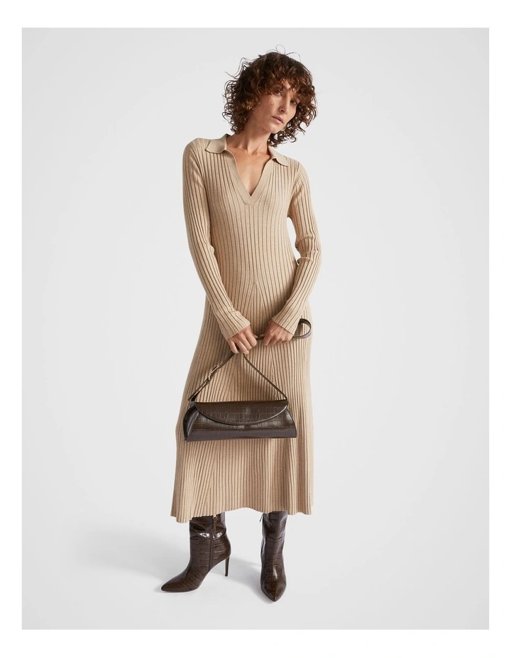 Rib Knit Polo Dress in Champagne Beige Marle