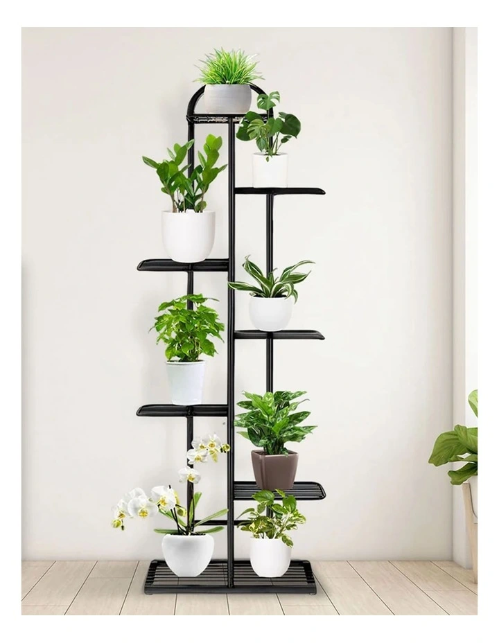 7 Tier 8 Pots Metal Flowerpot Shelf Rack in Black