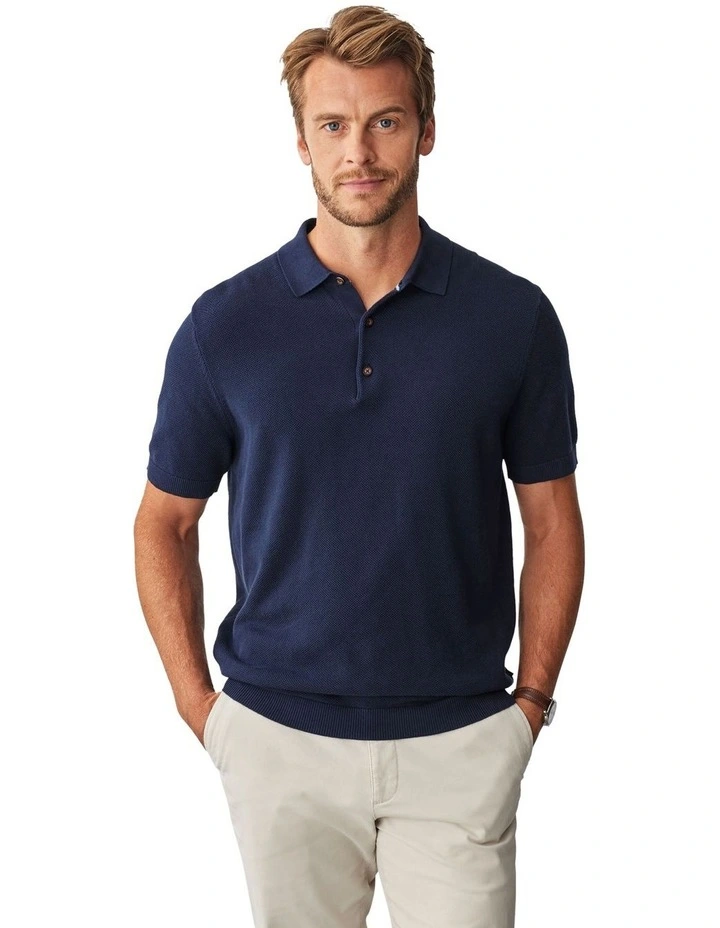 Textured Knit Polo Shirt in Navy