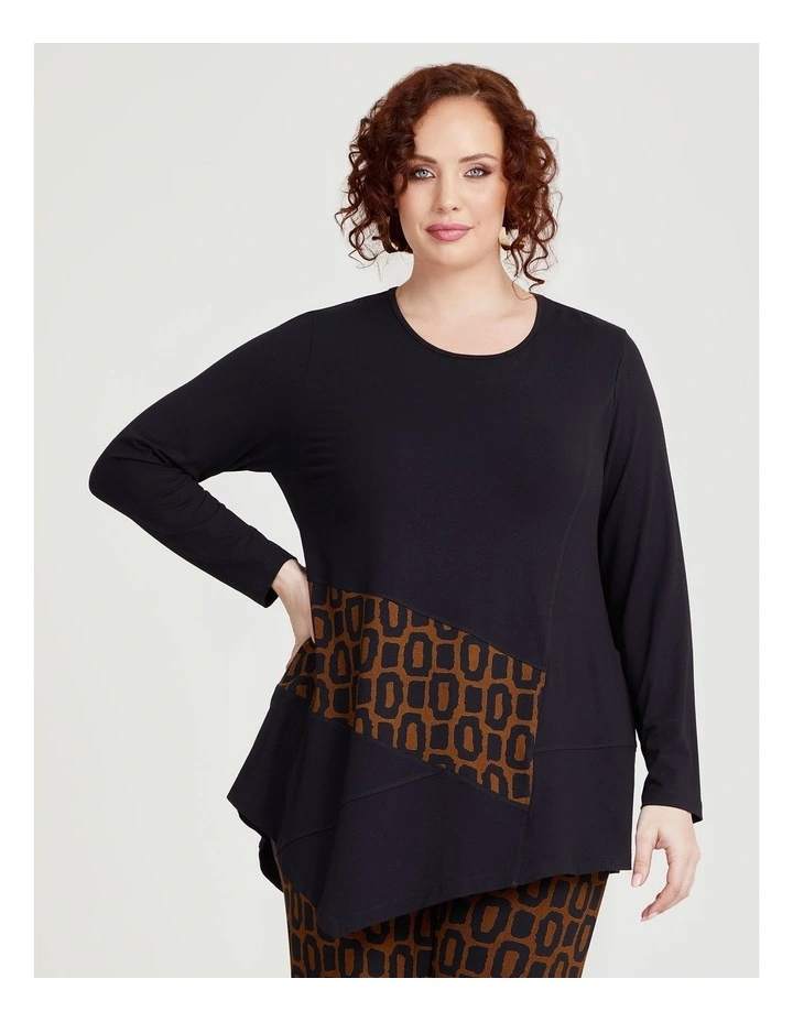 Asymmetric Insert Natural Tunic in Black/print