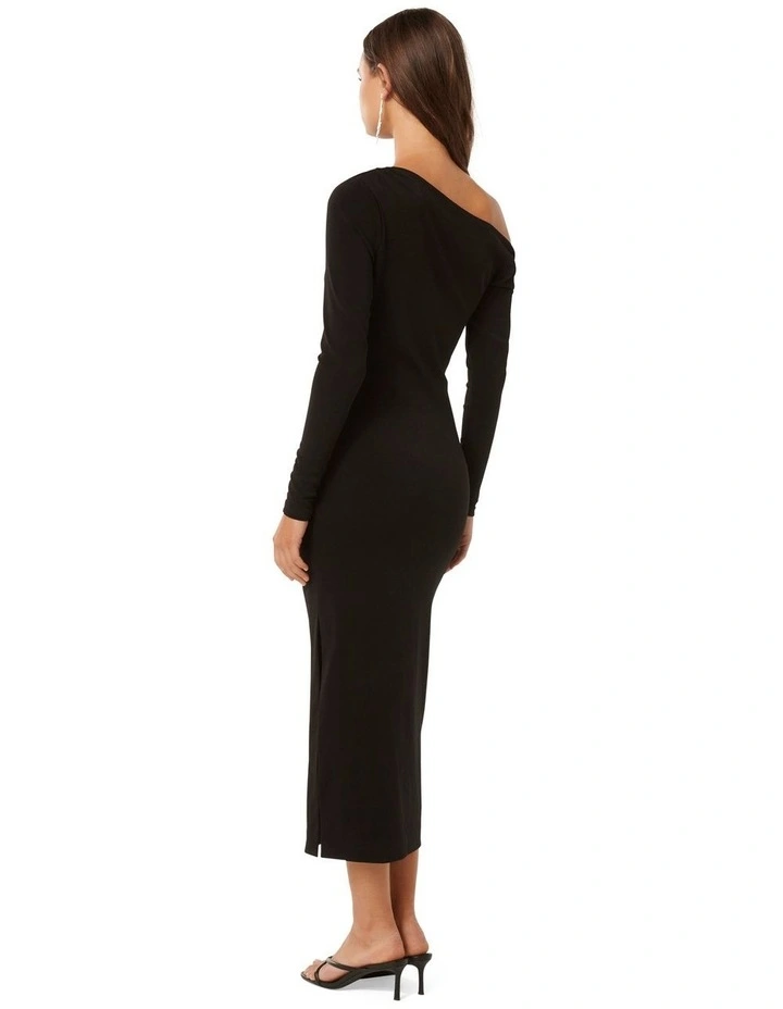 Alex Tipped Shoulder Long Sleeves Midi Dress in Black