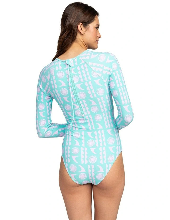 Long Sleeve One Piece Swimsuit in Aruba Blue Surf Saavy Small