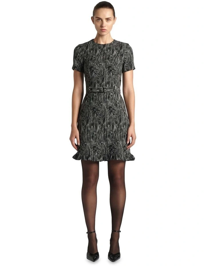Jacquard Belted Mini Dress in Black/White