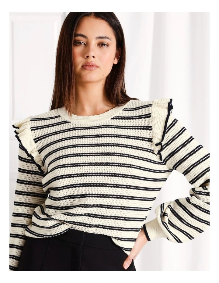 Frill Shoulder Striped Knit Jumper in White
