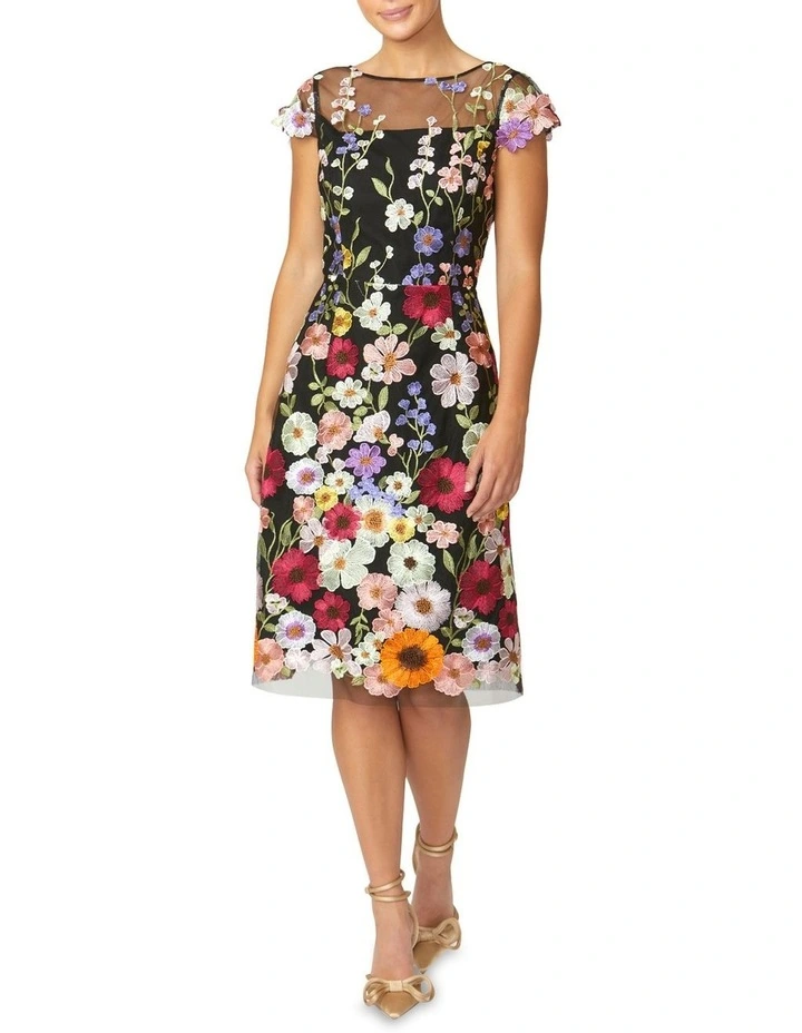 Dahlia Floral A-line Dress in Black Multi