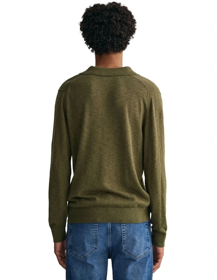 Cotton Linen Long Sleeve Polo T-shirt in Racing Green