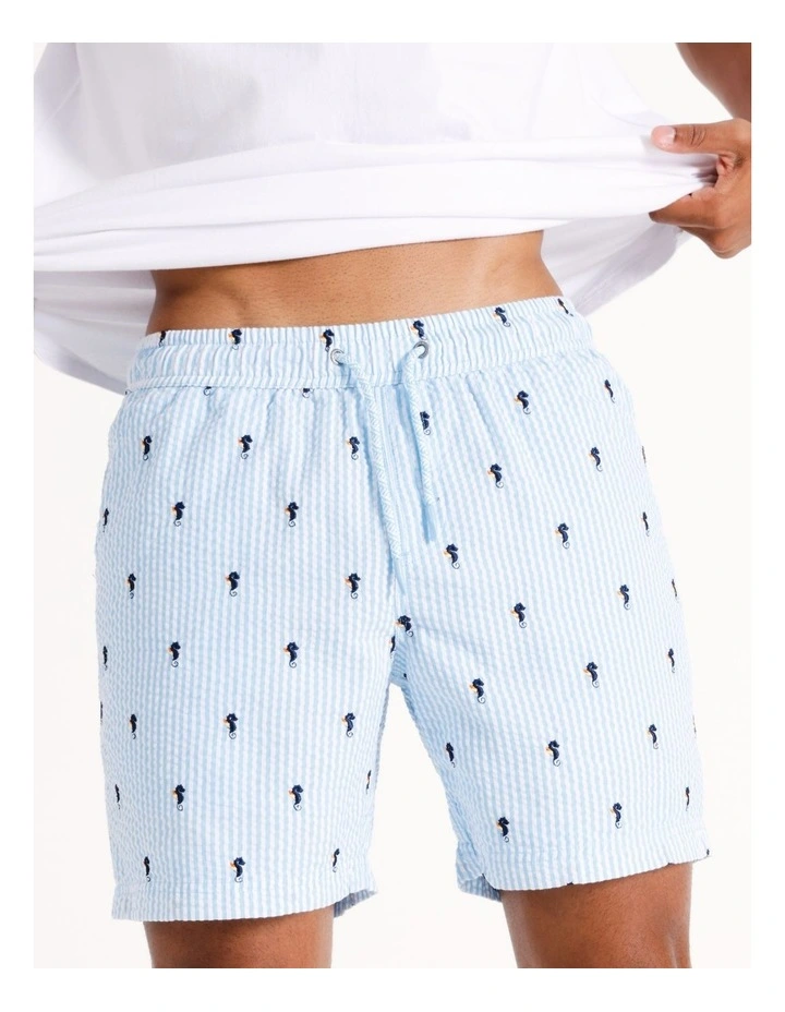 Embroidered Seersucker Stripe Short in Blue