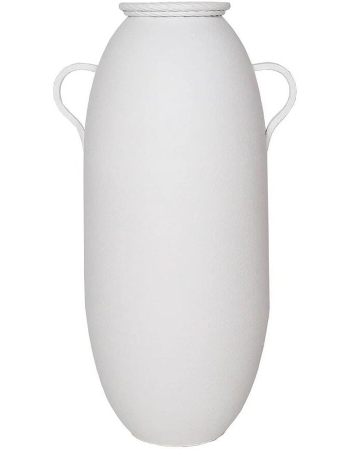 2-Handle Metal Vase Pot with Coil Rim 71cm in Distressed White