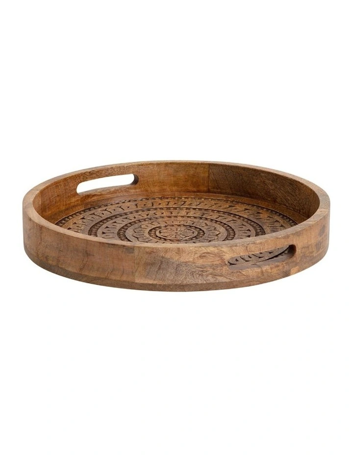 Handcrafted Round Mango Wood Mandala Tray in Natural