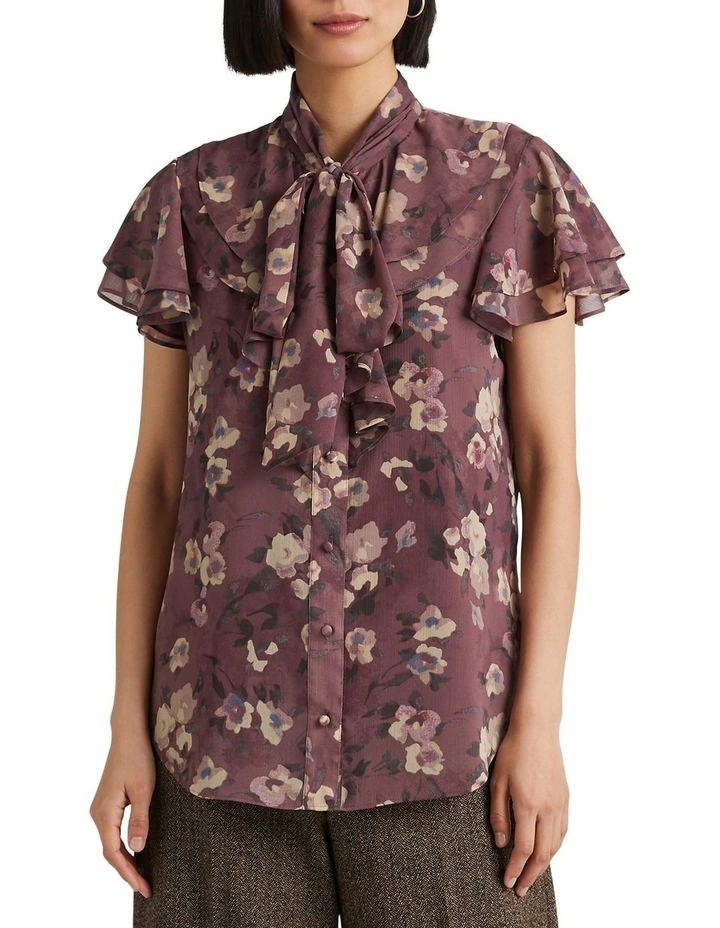 Floral Tie Neck Georgette Blouse in Purple