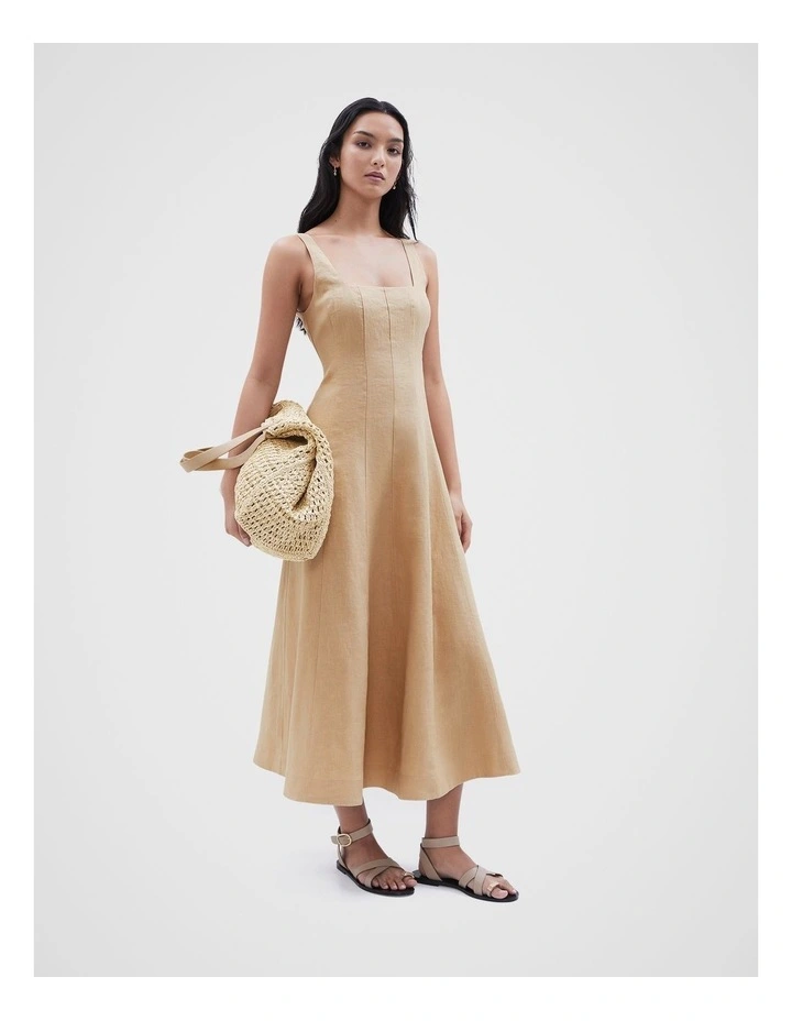 Linen Panel Midi Dress in Beige