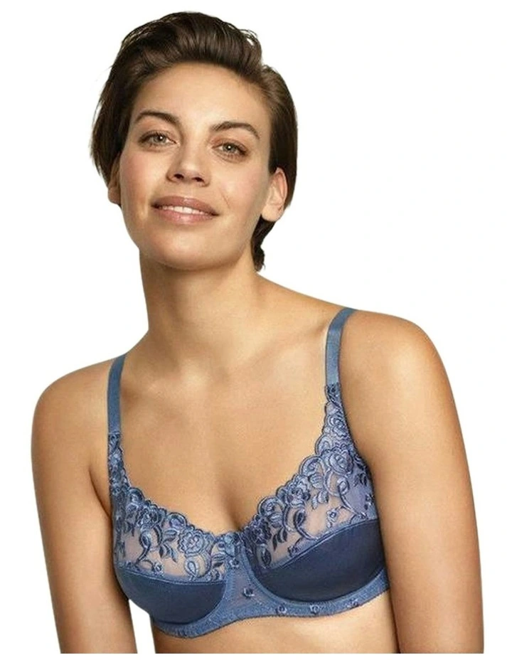 Embroidered Underwire Balconette Bra in Denim