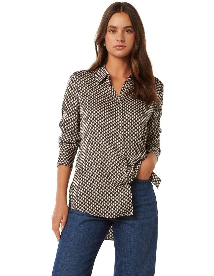 Lila Longline Printed Satin Shirt in Black Multi