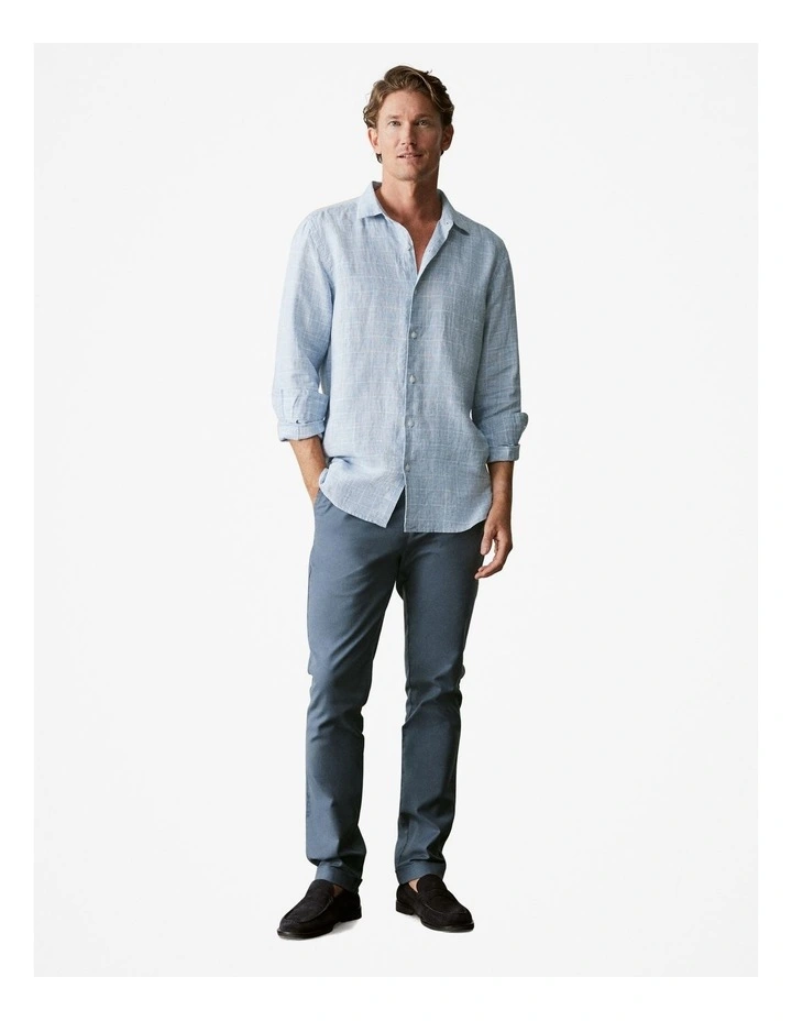 Tailored Fit Linen Prince Of Wales Check Shirt in Faded Blue