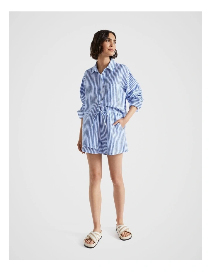Linen Paperbag Short in Deep Ocean Stripe