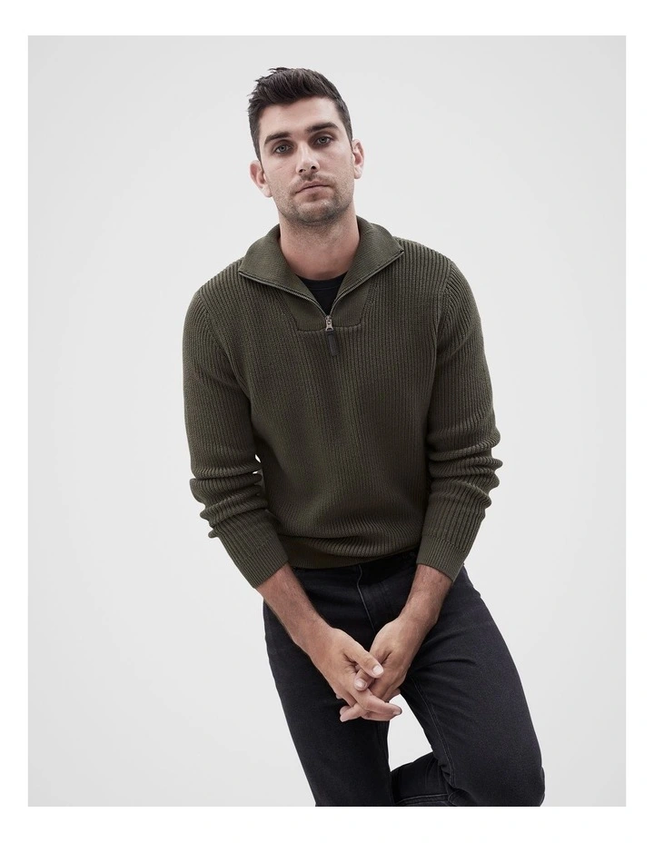 Rib Half Zip Knit Sweater in Khaki