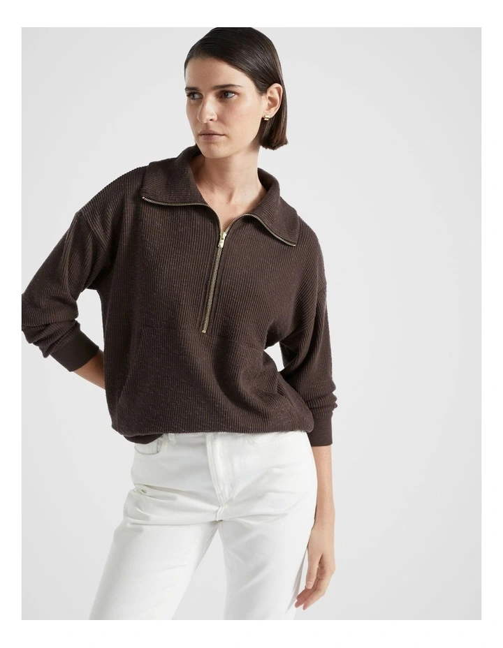 Supersoft Zip Thru Sweat Top in Dark Espresso