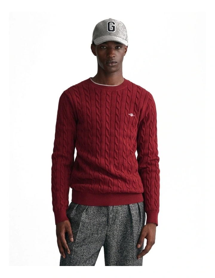 Cotton Cable Knit Crew Neck Sweater in Plumped Red