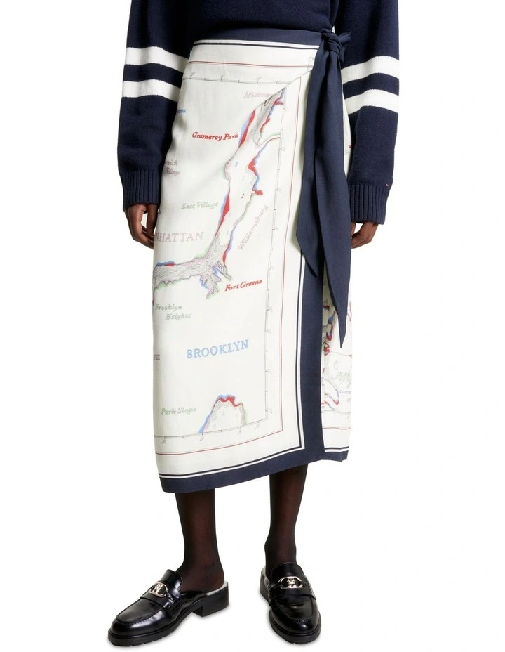 Scarf Print Midi Wrap Skirt in White