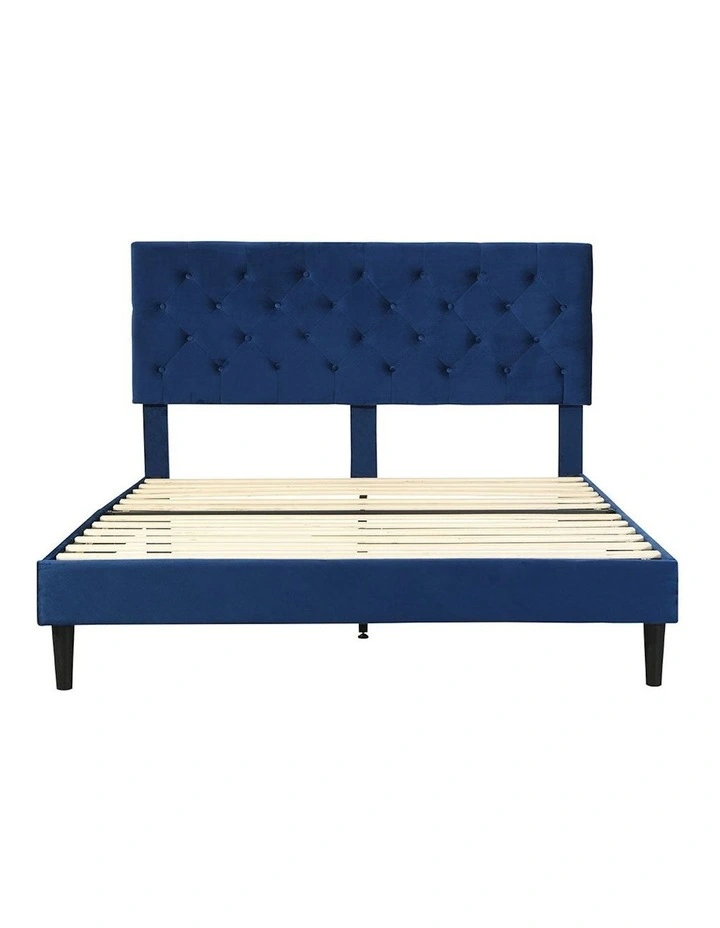 Velvet Headboard Mattress Base Bed Frame Queen Size in Blue