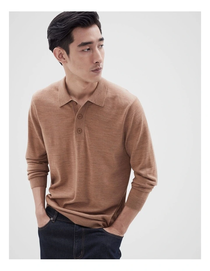 Merino Wool Polo Shirt in Oatl Marle