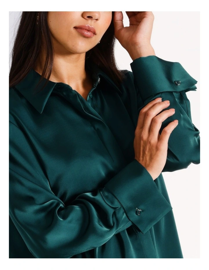 Recycled Polyester Satin Turn Back Cuff Shirt in Dark Green