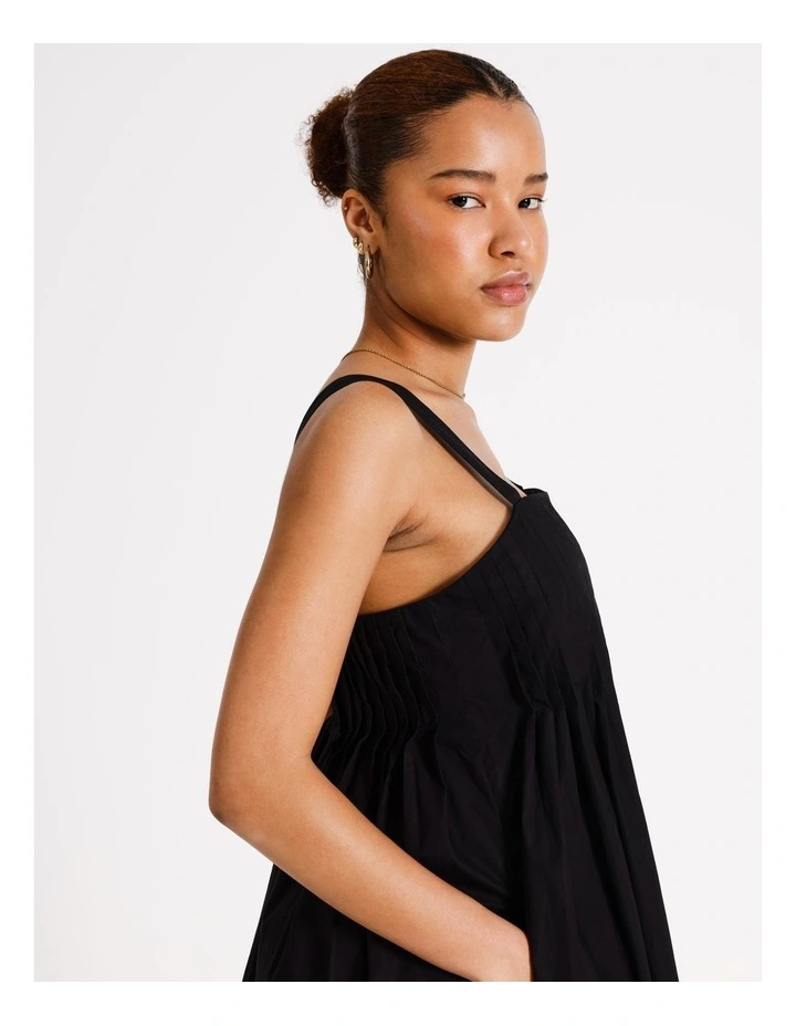 Cotton Pintuck Bodice Maxi Dress in Black