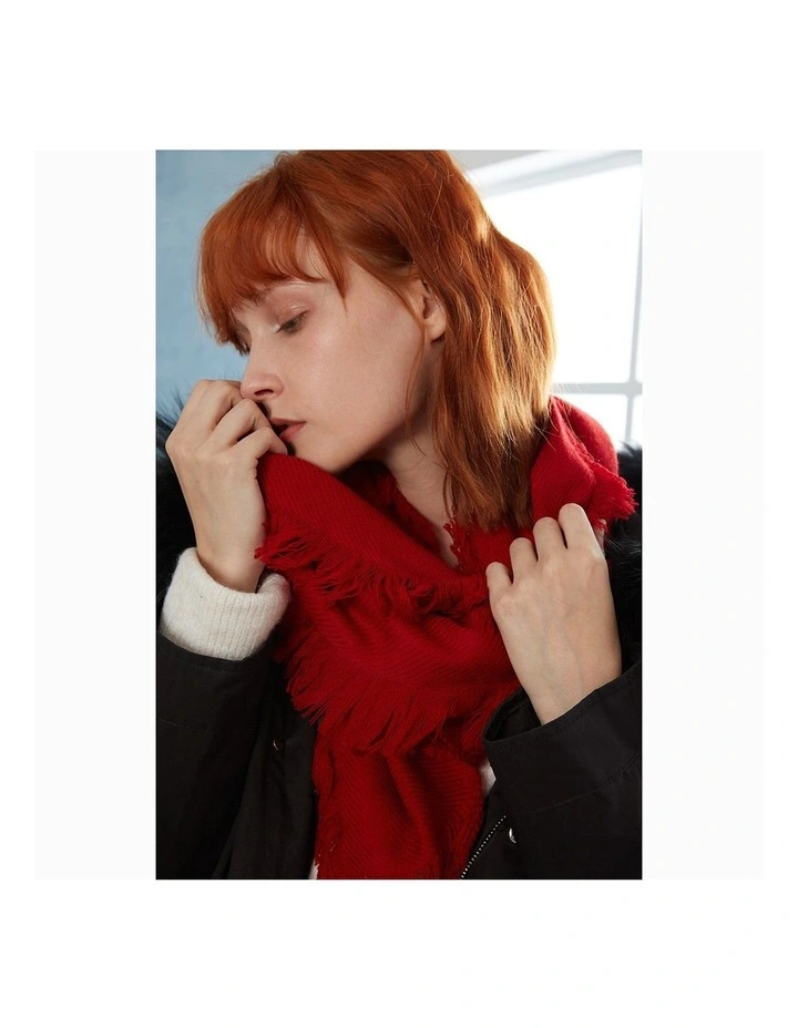 Fringed Check Wool Scarf in Tomato