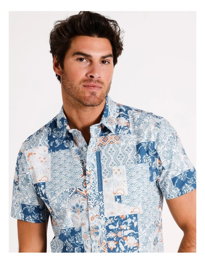 Paradise Patchwork Print Short Sleeve Shirt in White