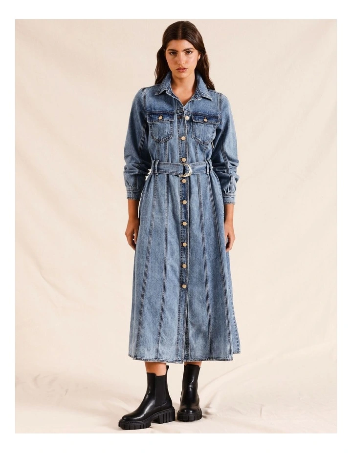 Long Sleeve Denim Midi Dress in Denim