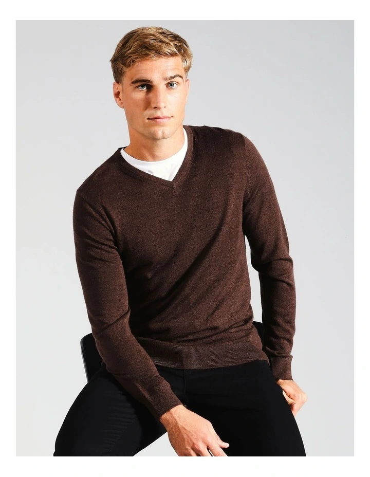 Australian Merino V-Neck Knit in Brown
