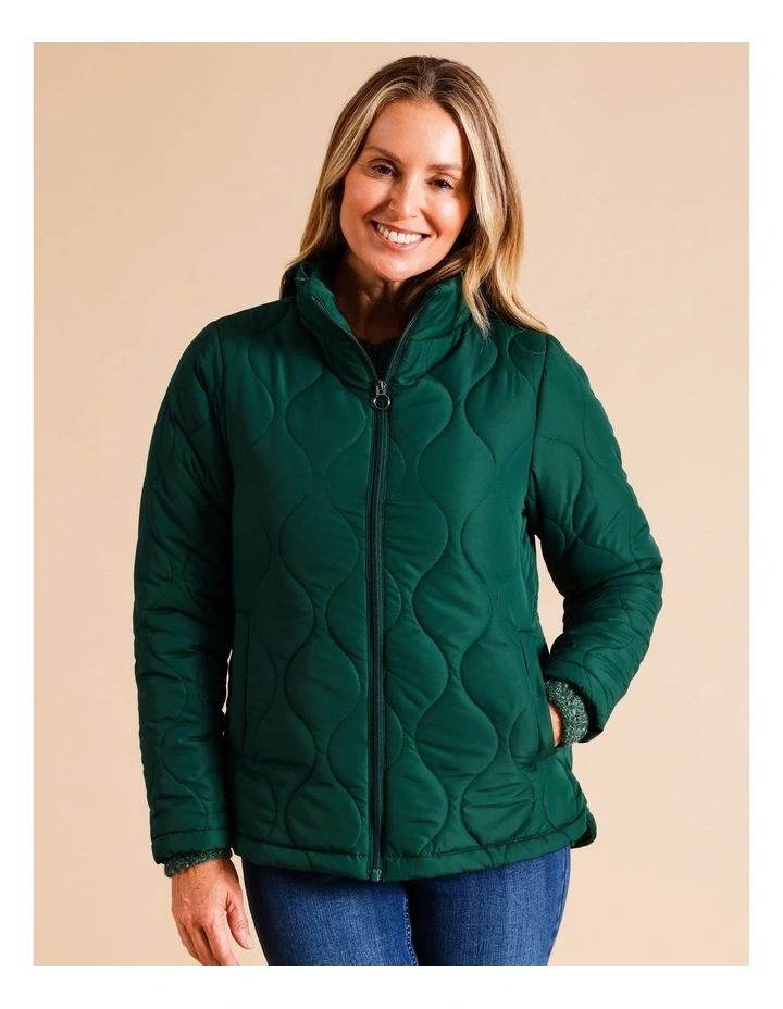 Recycled Polyester Short Quilted Jacket With Packaway Hood In Pine