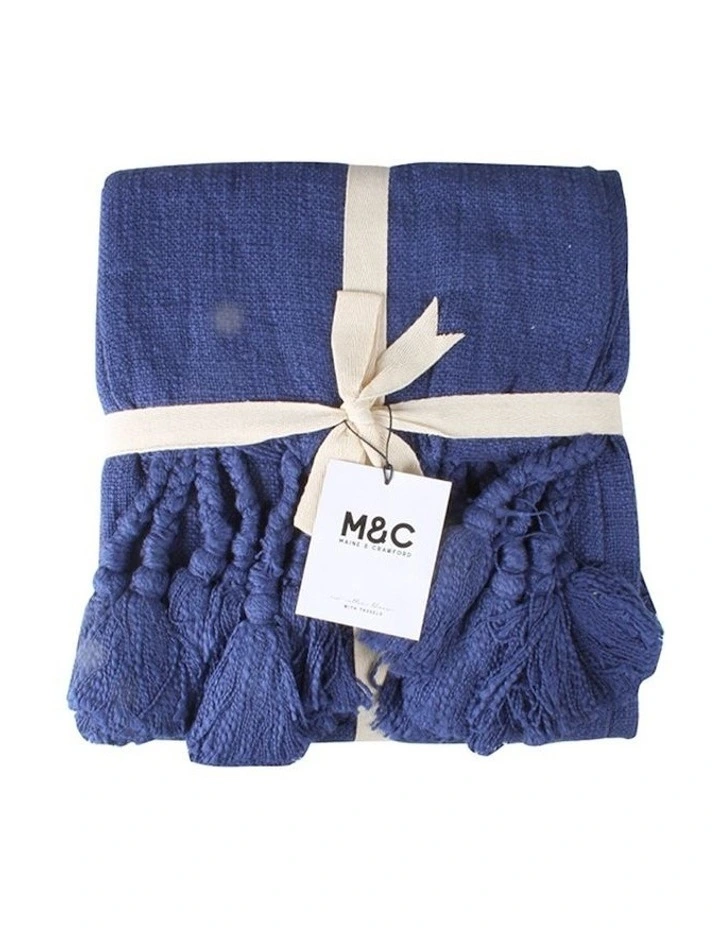 Neo Cotton Throw Sofa Blanket With Giant Tassels 170x130cm in Navy