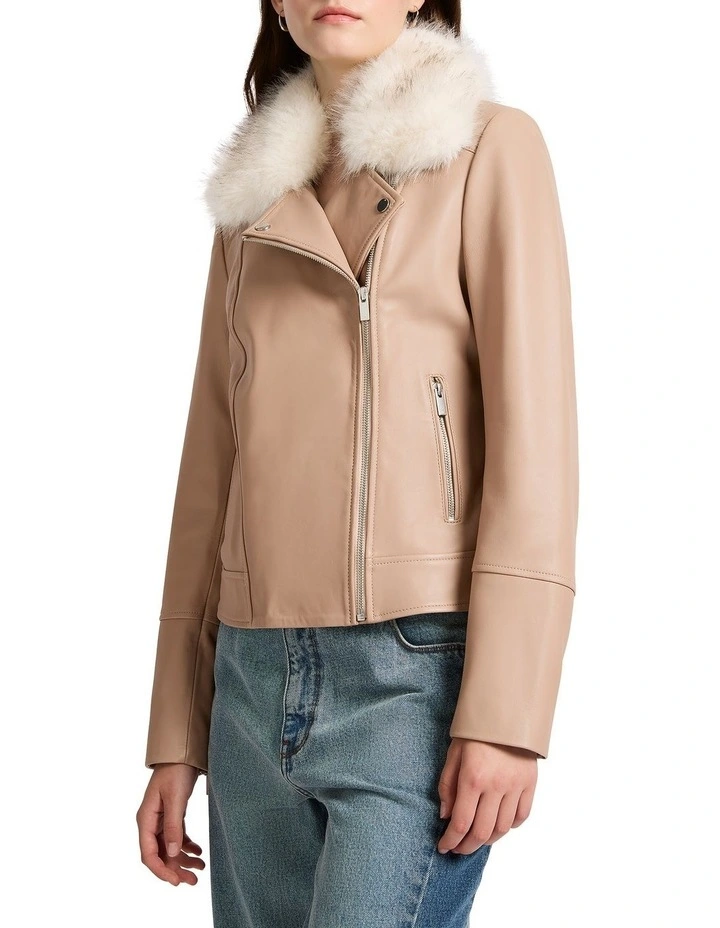 Bella Leather Biker Jacket in Fawn