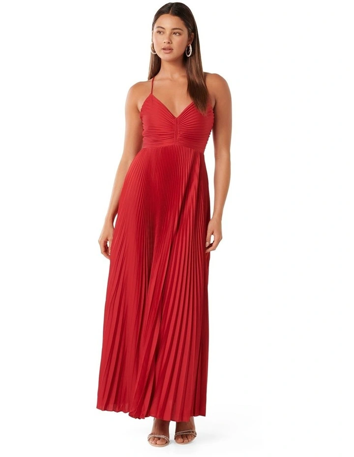 Geri Tie Back Pleated Maxi Dress in Red