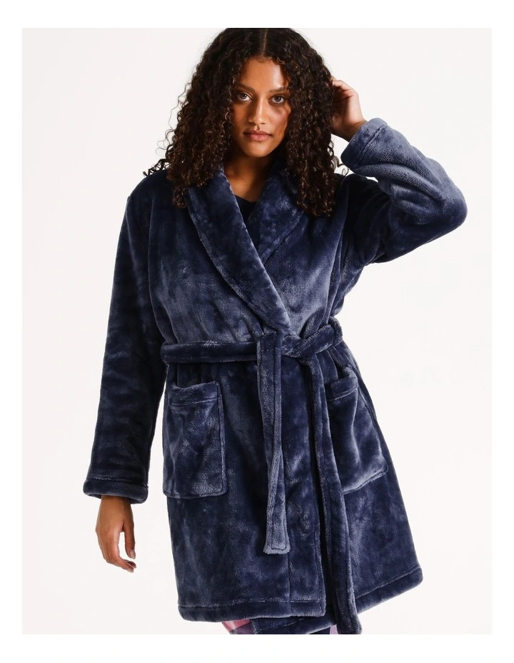 Fleece Short Robe in Navy