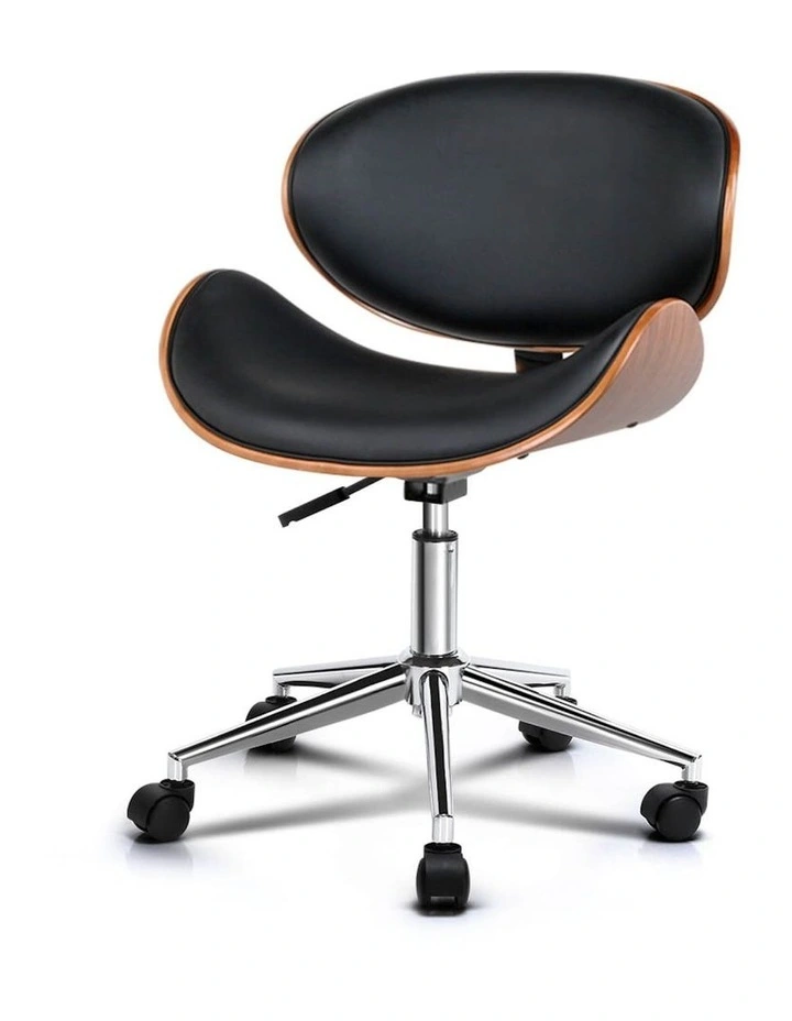 Wooden Office Chair Leather Seat in Black