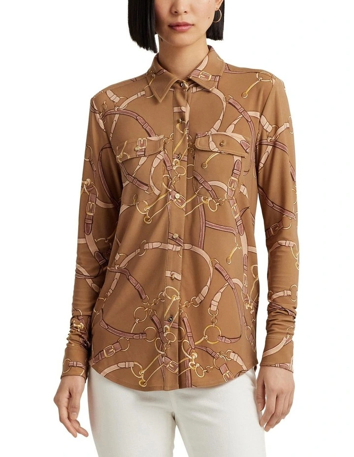 Belting-Print Stretch Jersey Shirt in Beige