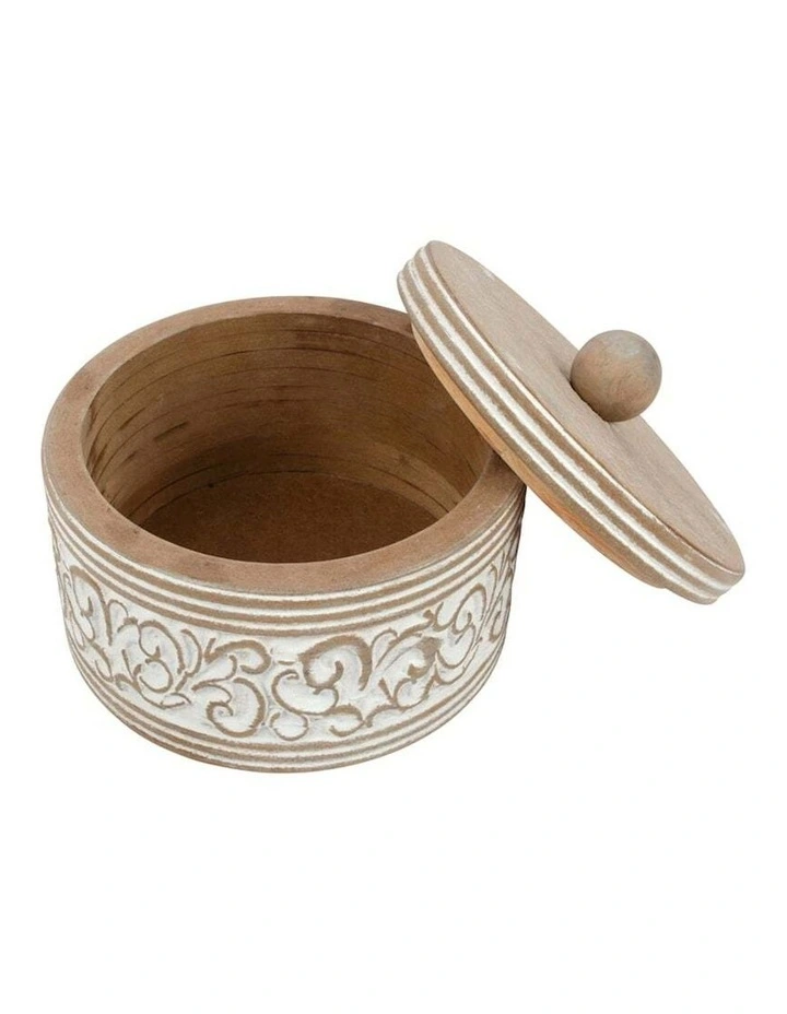 Round Carved Trinket Box with Lid in Natural/Distressed White