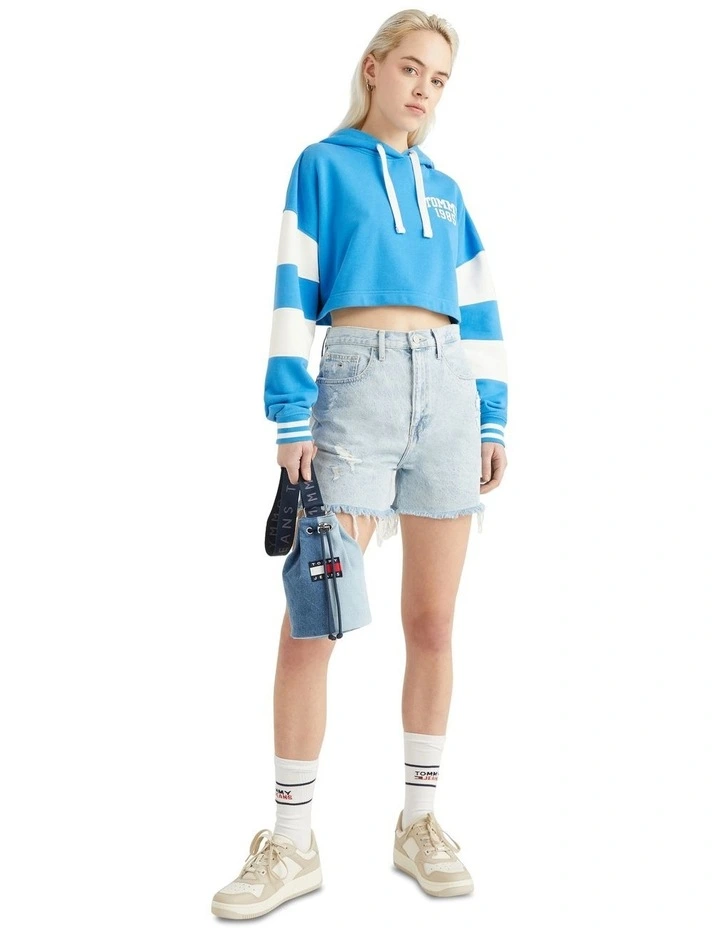 Distressed Mom Fit Denim Shorts in Blue