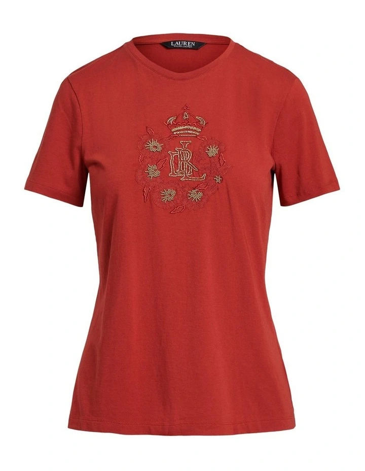 Beaded-Logo Jersey Tee in Red