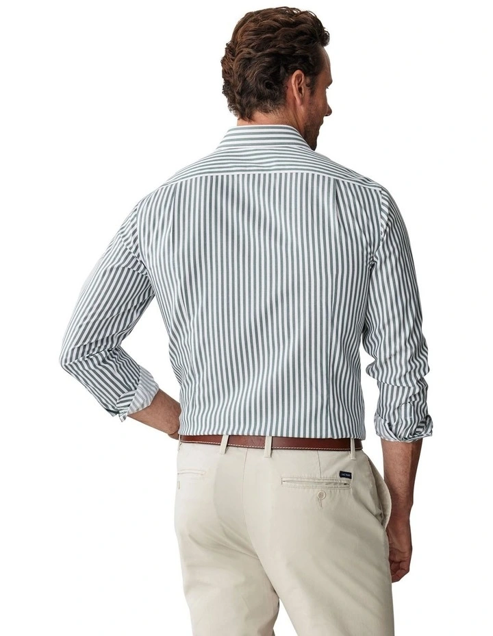 Tailored Non Iron Twill Stripe Long Sleeve Shirt in Forest