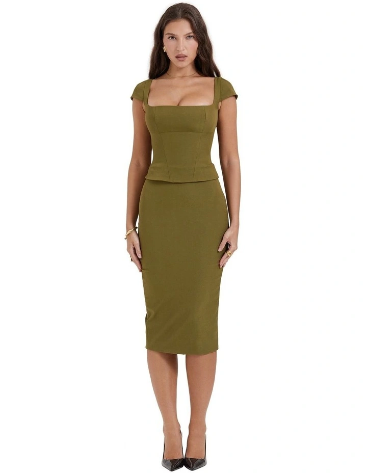 Layana Corset Midi Dress in Olive