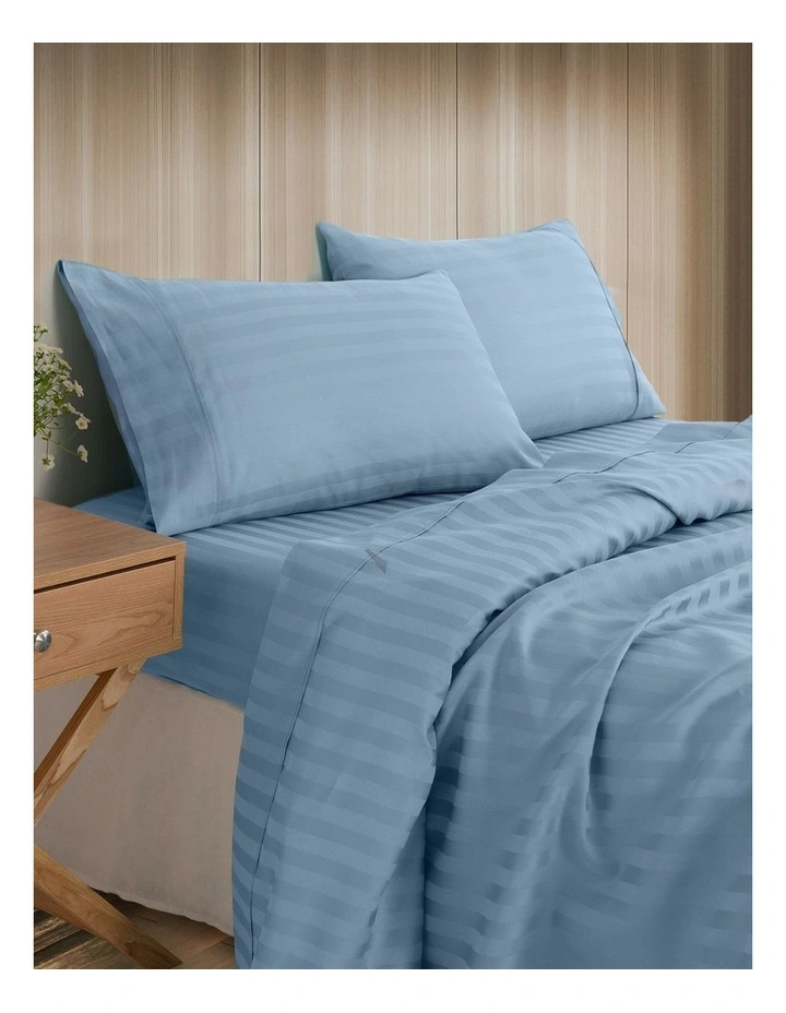 1200 Thread Count Cotton Striped Queen Sheet Set in Chambray Blue