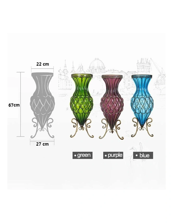Glass Tall Floor Vase with Metal Flower Stand 67cm in Blue