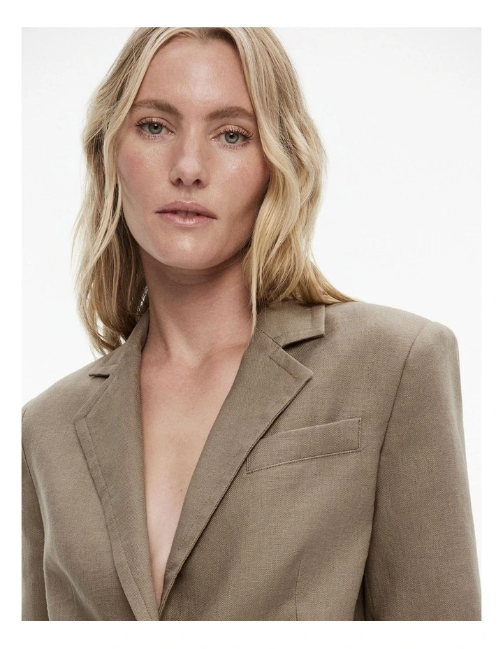 Linen Single-breasted Cropped Blazer in Washed Green