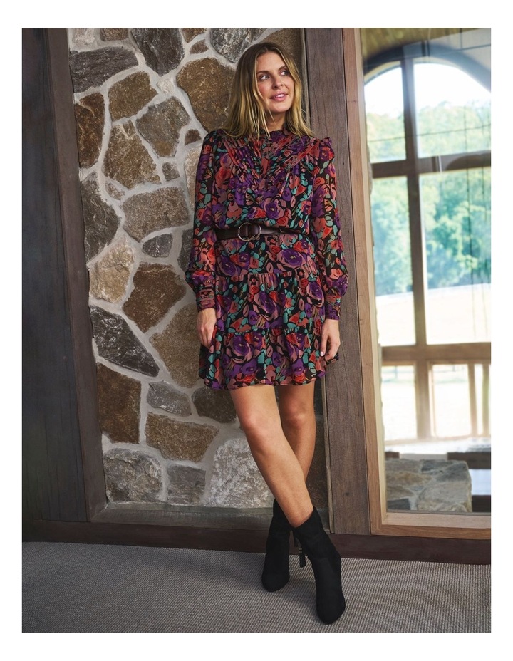 Floral Belted Crinkle Georgette Dress in Black