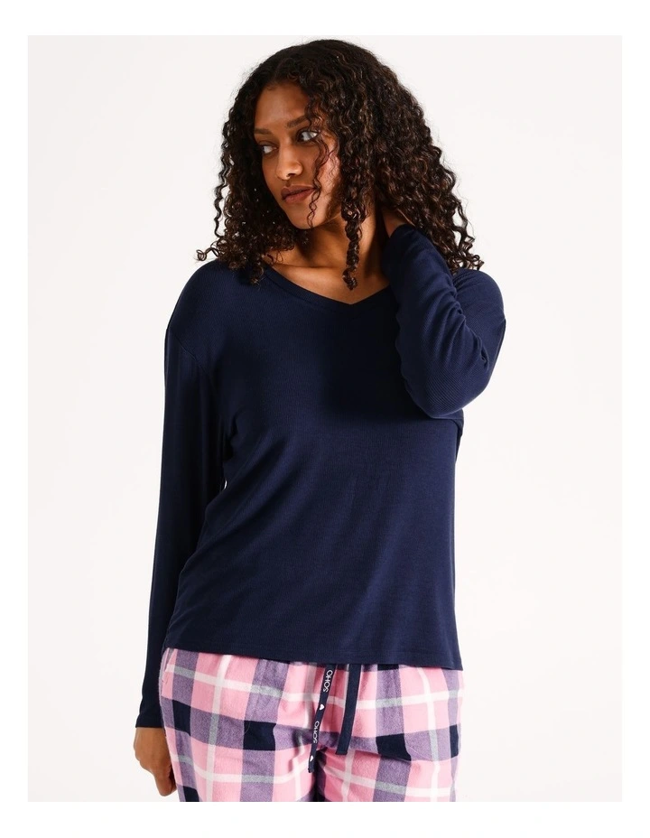 Rib Long Sleeve Top in Navy